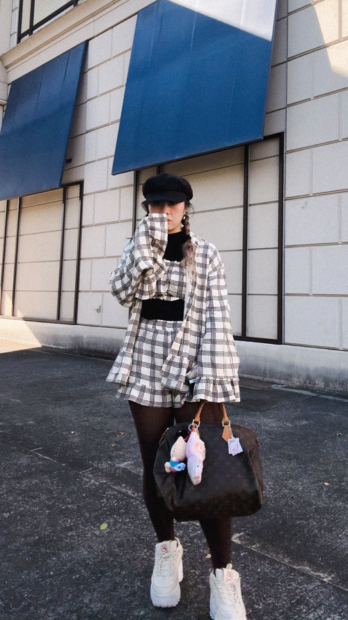 チェック柄 フリルシャツチューブトップショートパンツ3点セット
